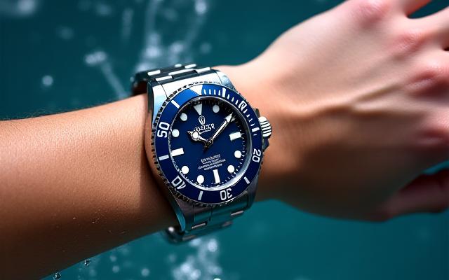 海の達人 自動巻きダイバーズウォッチを手首に着けた様子、水しぶき