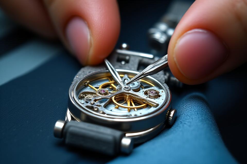 精密な時計ムーブメントを組み立てる熟練の時計師
